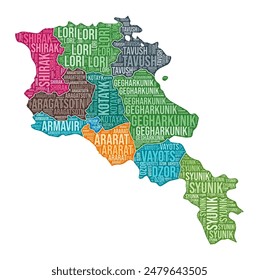 Armenia shape. Country word cloud with region division. Armenia colored illustration. Region names cloud. Vector illustration.