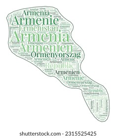 Armenia shape filled with country name in many languages. Armenia map in word cloud style. Radiant vector illustration.