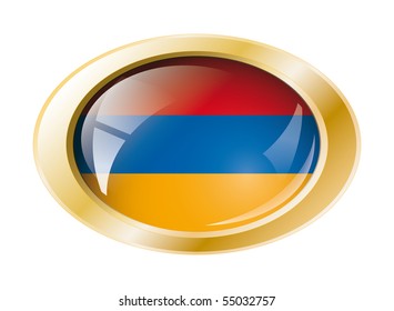 Armenia shiny button flag with golden ring vector illustration. Isolated abstract object against white background.