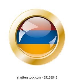 Armenia shiny button flag with golden ring vector illustration. Isolated abstract object against white background.