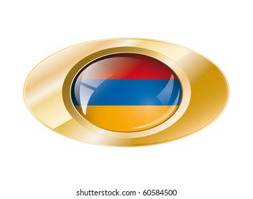 Armenia shiny button flag with golden ring vector illustration. Isolated abstract object against white background.