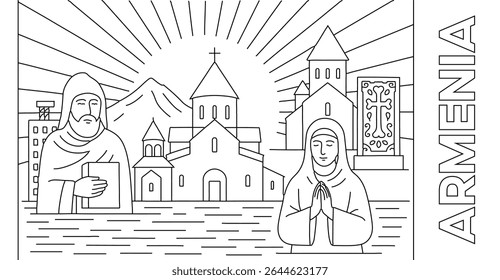 Armenia Skyline vector drawing. Illustration isolated on white background. Outline stroke is not expanded, stroke weight is editable