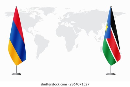 Armenia  and South Sudan flags for official meeting against background of world map.