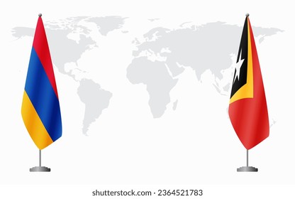 Armenia  and Timor-Leste flags for official meeting against background of world map.