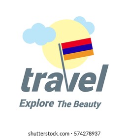 Armenia Travel Country Flag Logo. Explore the The Beauty lettering with Sun and Clouds and creative waving flag. travel company logo design - vector illustration