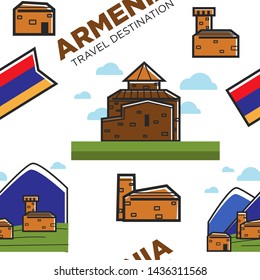 Armenia travel destination Armenian architecture and nature mountains and brick buildings seamless pattern vector mounts and ancient temple national flag endless texture tourism and traveling