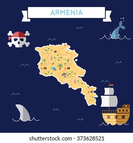 Armenia treasure map in flat design. Colorful cartoon treasure map of Armenia with flat design icons of pirate ship and jolly roger. Armenia flat design vector illustration.