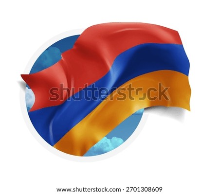 Armenia, vector 3d flag against a blue sky, through a round hole on a white background