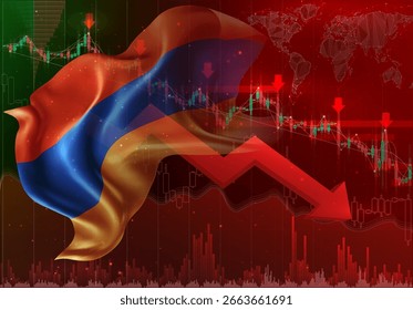Armênia, vetor 3d bandeira financeira tendência para baixo