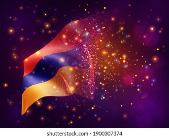 Armenia, vector 3d flag on pink purple background with lighting and flares
