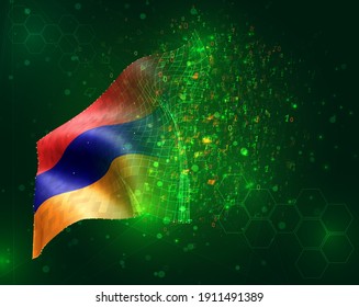 Armenia, vector 3d flag on green background with polygons and data numbers