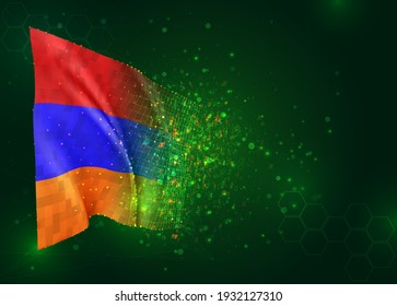 Armenia, bandera vectorial 3d sobre fondo verde con polígonos y números de datos