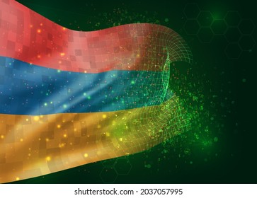 Armenien, Vektor-3D-Flagge auf grünem Hintergrund mit Polygone und Datennummern