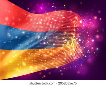 Armenia, bandera vectorial 3d sobre fondo púrpura rosa con iluminación y bengalas