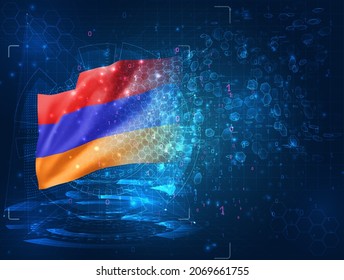 Armenia,  vector 3d flag on blue background with hud interfaces
