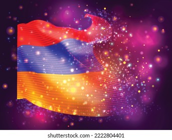 Armenia, bandera vectorial 3d sobre fondo púrpura rosa con iluminación y bengalas