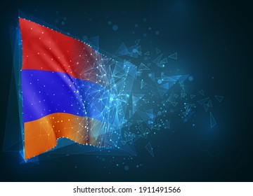 Armenien, Vektorflagge, virtuelles abstraktes 3D-Objekt aus dreieckigen Polygonen auf blauem Hintergrund