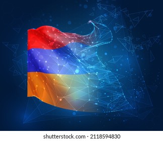 Armenia, bandera vectorial, objeto 3D virtual abstracto de polígonos triangulares sobre fondo azul