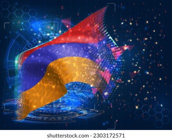 Armenien, Vektorflagge, virtuelles abstraktes 3D-Objekt aus dreieckigen Polygonen auf blauem Hintergrund
