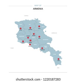 Armenia vector map. Editable template with regions, cities, red pins and blue surface on white background. 
