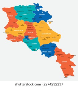 Armenia vector map. High detailed illustration with borders and cities