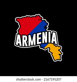 Armenia vector map silhouette illustration isolated on black background. Sticker, made in Armenia, map, silhouette, flag, emblem, identity, nation.