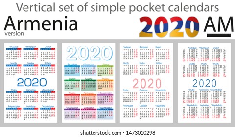 Armenia vertical set of pocket calendars for 2020 (Two thousand nineteen). Week starts Monday. New year. Color simple design. Vector