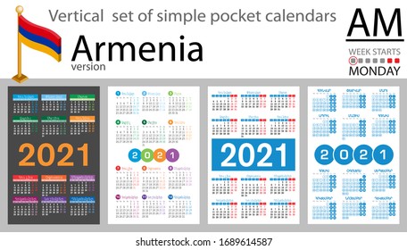 Armenia vertical set of pocket calendars for 2021 (two thousand twenty one). Week starts Monday. New year. Color simple design. Vector