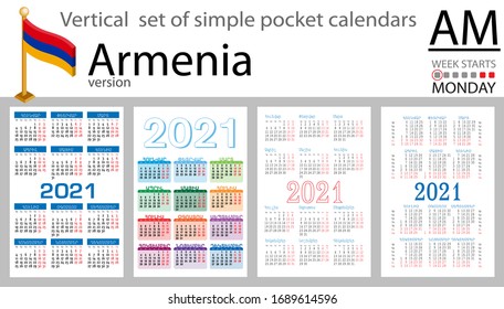 Armenia vertical set of pocket calendars for 2021 (two thousand twenty one). Week starts Monday. New year. Color simple design. Vector