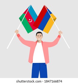 Armenia vs azerbaijan war background. International clash symbol armenia vs azerbaijan. Man waving National Flags with of Armenia and Azerbaijan is a symbol of friendship, partnership, stop war