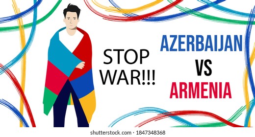 Armenia vs azerbaijan war background banner. International clash symbol armenia vs azerbaijan. Man with flags of Armenia and Azerbaijan is a symbol of friendship, partnership, stop war