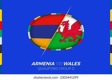 Armenia vs Wales icon for European football tournament qualification, group D. Competition icon on the stylized background.