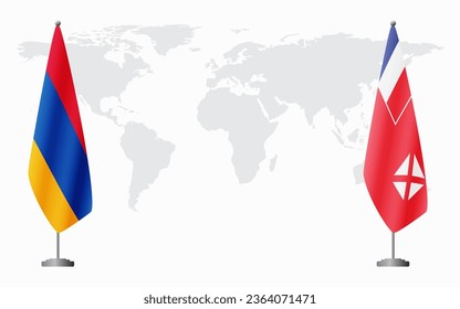 Armenia  and Wallis and Futuna flags for official meeting against background of world map.