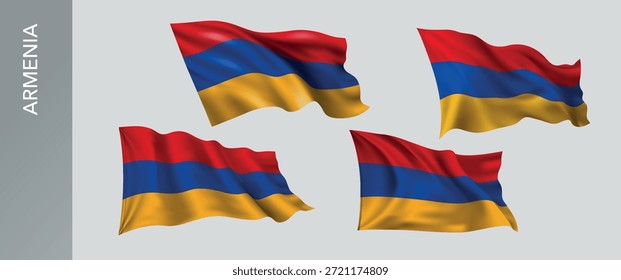 Bandera de Armenia ondeando conjunto de Ilustración vectorial. Verde blanco anaranjado de la bandera realista ondulada armenia como símbolo patriótico