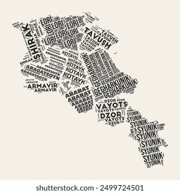 Armenia Word Cloud. Land mit Regionenabteilung. Typografische Textwolken in Armenien versetzen Vektorgrafiken in den Vordergrund. Vintage Gazette Stil Land Form Bild. Künstlerische Vektorgrafik.