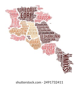 Nube de palabras de Armenia. Forma Country con división por regiones. Imagen estilo tipografía armenia. Nubes de etiquetas de nombres de región. Ilustración vectorial.