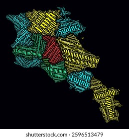 Armenia word cloud. Region names of the country in the Armenian language. Bright neon style design on a dark background. Armenia shape with administrative division. Beautiful vector illustration.