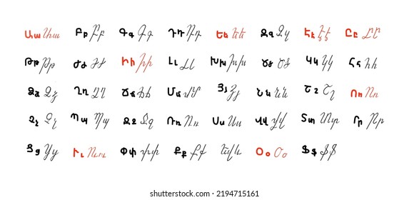 Armenian alphabet. Correspondence of printed and handwritten, uppercase and lowercase letters of the Armenian alphabet. Vowel letters are highlighted in red. Illustration for language courses svg
