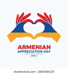 Armenian Appreciation Day poster vector illustration. Hand heart gesture Armenia flag icon. Armenian love hands flag symbol. Template for background, banner, card. April 3 every year. Important day