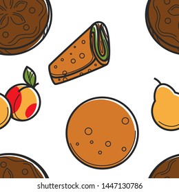 Armenian bakery product and fruit seamless pattern vector pita bread or lavash pear and peach pastry and organic food or snack endless texture wrapping and round loaf ripe natural harvest wallpaper.