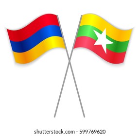 Armenian and Burmese crossed flags. Armenia combined with Myanmar isolated on white. Language learning, international business or travel concept.