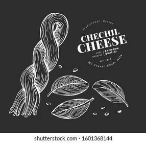 Armenian cheese illustration. Hand drawn vector dairy illustration on chalk board. Engraved style cheese pigtail. Retro chechil illustration.