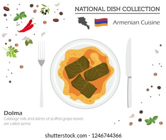 Armenian Cuisine. Caucasian national dish collection. Dolma isolated on white, infograpic. Vector illustration