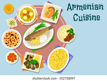 Armenian cuisine dinner dishes icon of baked fish with rice, lamb meatball soup, grape leaf roll, rice pilaf with dried fruit, meatball with mashed potato, trout steak with nut sauce, potato in milk