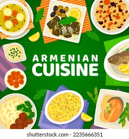 Armenian cuisine menu cover, restaurant food dishes for lunch and dinner, vector. Armenian cuisine meals menu with rice pilaf and dolma, meatball soup kololikgata and potato baked with cream