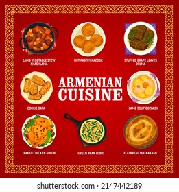 Armenian cuisine menu template. Lamb vegetable stew Khashlama, pastry Nazook and stuffed grape leaves Dolma, cookie Gata, green bean Lobio and soup Bozbash, baked chicken Amich, flatbread Matnakash