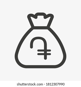 Armenian dram icon. Sack with cash isolated on white background. Money bag outline icon vector pictogram. Currency symbol of Armenia.