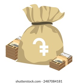 Armenian Dram Vector Illustration. Armenia, Artsakh money set bundle banknotes. Money bag 50000 AMD. Flat style. Isolated on white background. Simple minimal design.