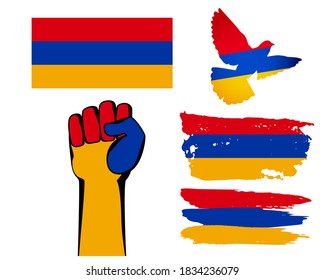 Armenian flags vector set. Tricolor print and bird dove symbol of peace, fist hand protest. International symbols and signs on white