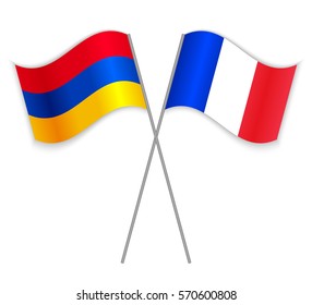 Armenian and French crossed flags. Armenia combined with France isolated on white. Language learning, international business or travel concept.